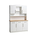 Moderne wit houten keukenkast met opbergplanken en deurfronten.