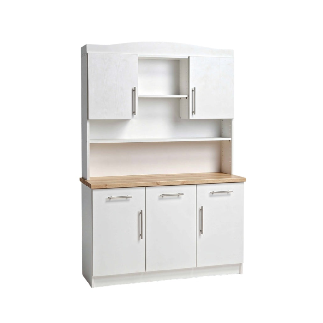 Moderne wit houten keukenkast met opbergplanken en deurfronten.