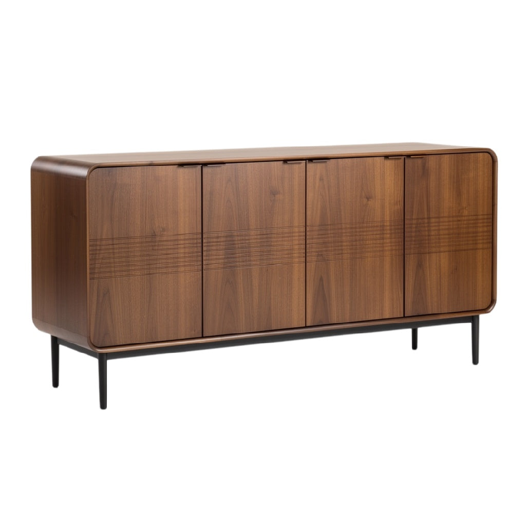 Moderne houten kast met glanzende afwerking en metalen poten