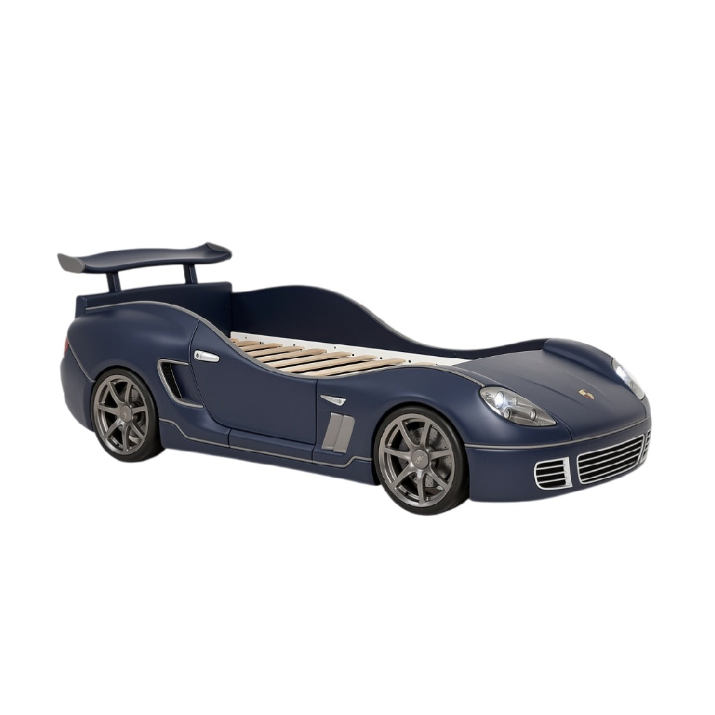'Moderne Kinderbed in Sportauto Ontwerp - Blauw en Gestroomlijnd'