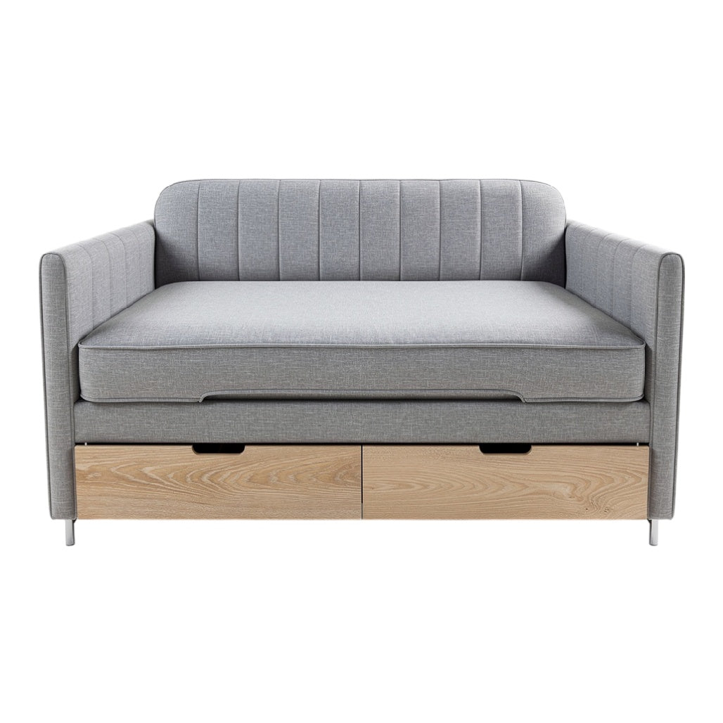 Moderne grijze slaapbank met opberglades en gestreepte bekleding